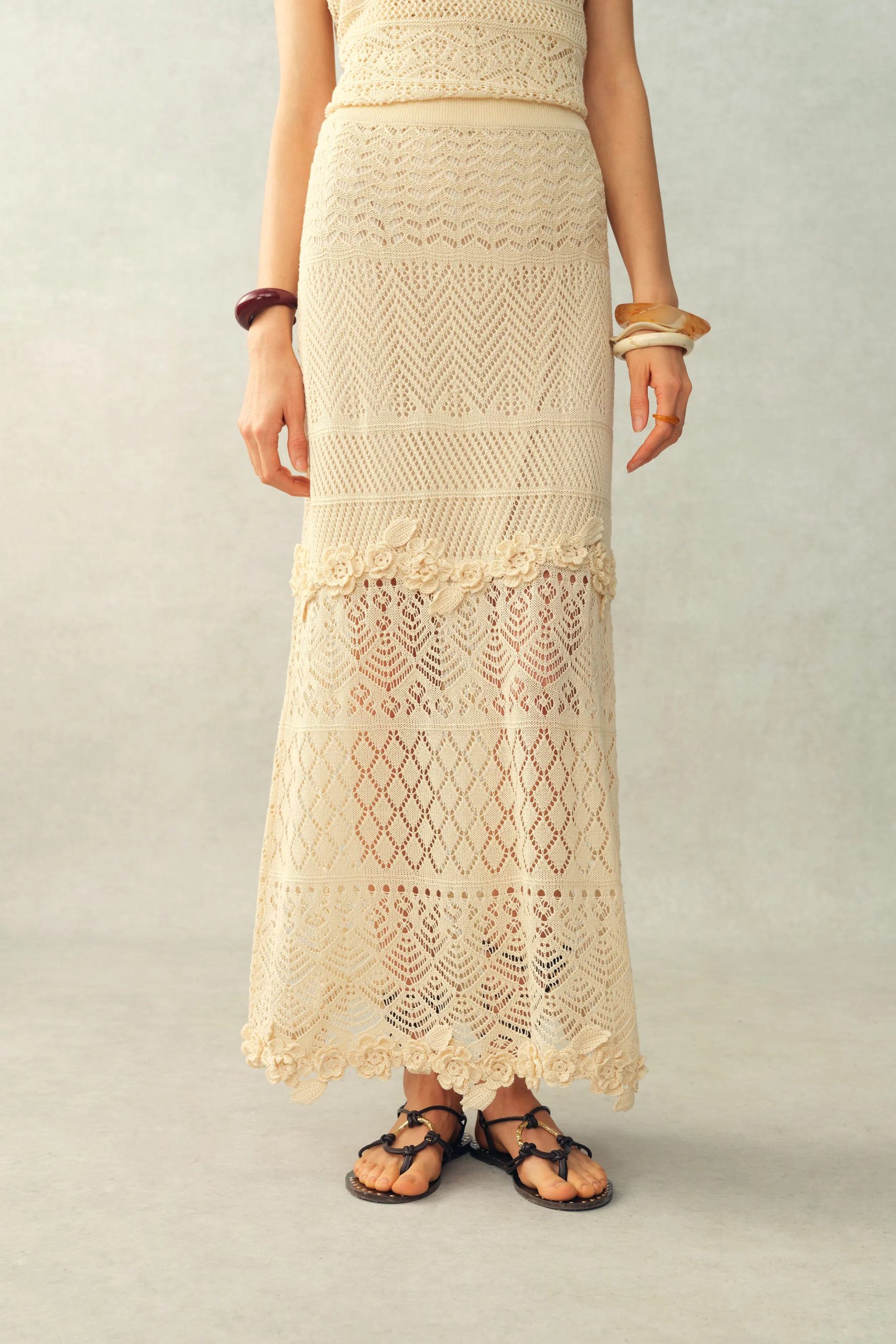 Angelica Floral Openwork Straight Maxi Skirt in Linen Knit