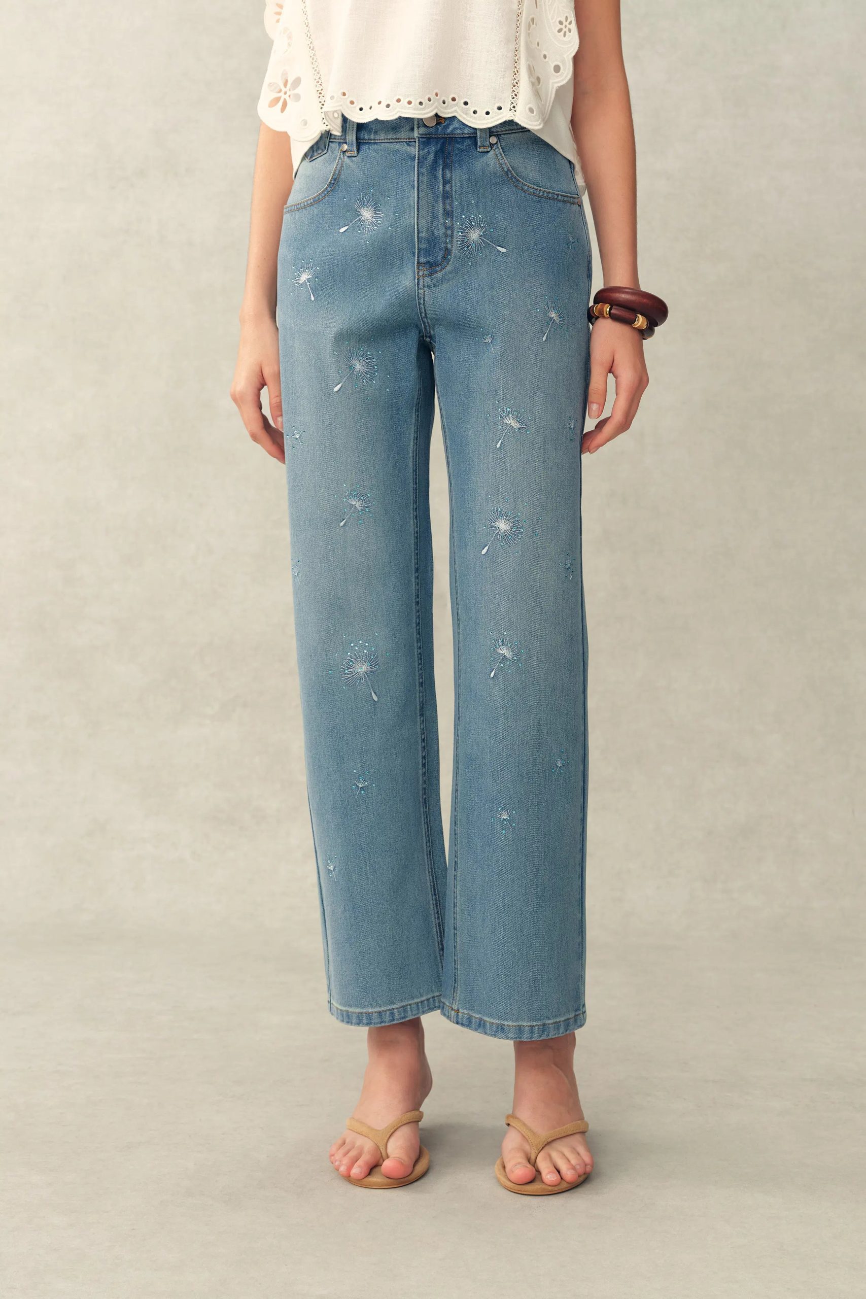 Annette Embroidered Crystal Embellished Dandelion Cropped Straight Leg Jeans in Stretch Cotton Denim