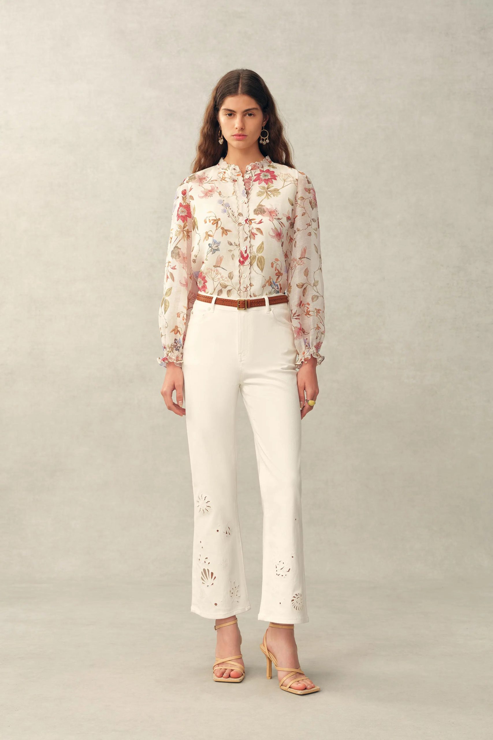 Adelaide Handpainted Floral Blouse in Silk Linen Organza