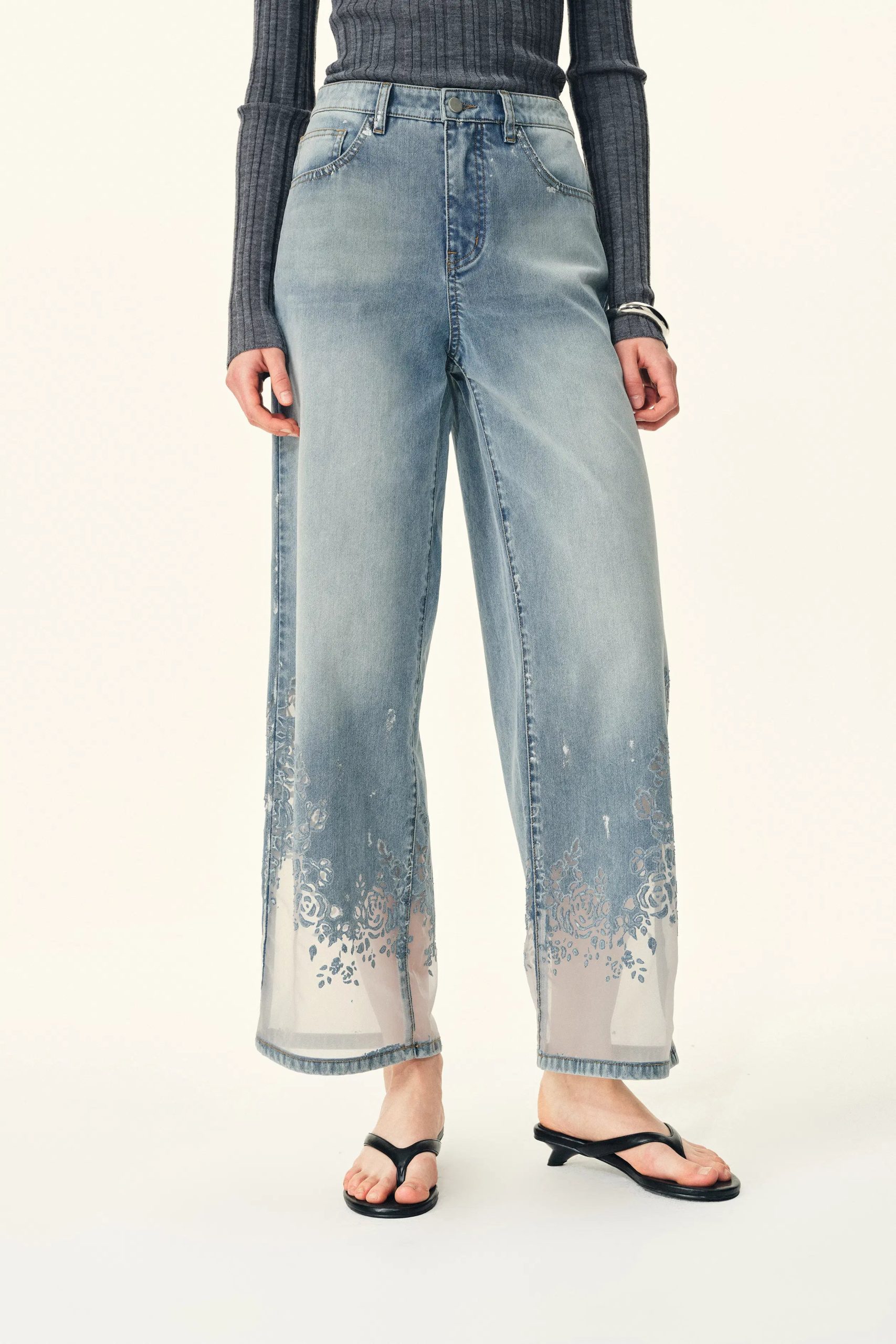 Ariel Straight Cropped Jeans in Cotton-Rich Transparent Burnout Denim