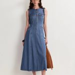 Amelia Scallop Buttoned Cinched Midi Dress in Cotton Linen Denim